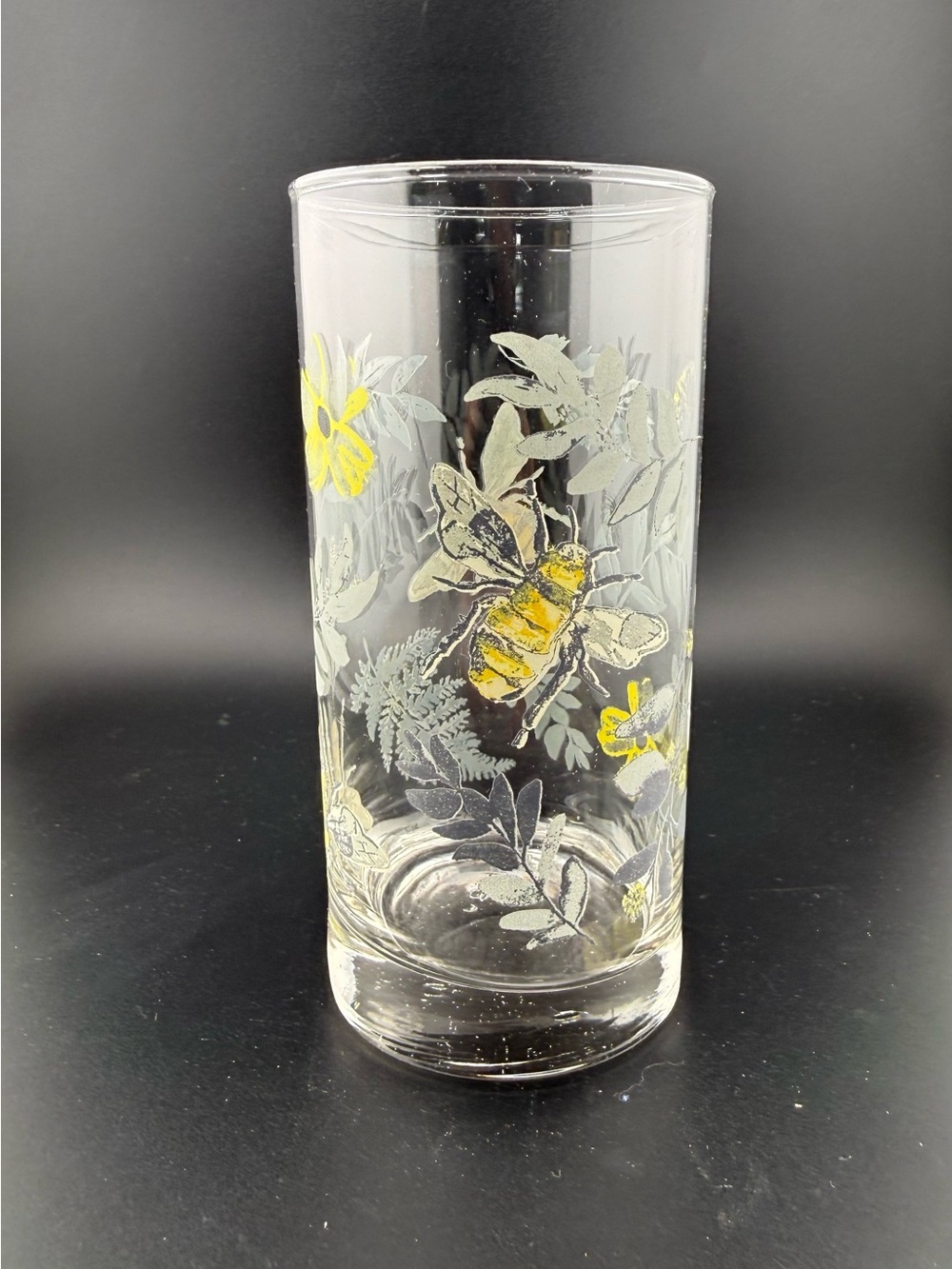 Royal Norfolk Clear Glass Spring Bee Tumbler with Yellow and Gray Floral Motif